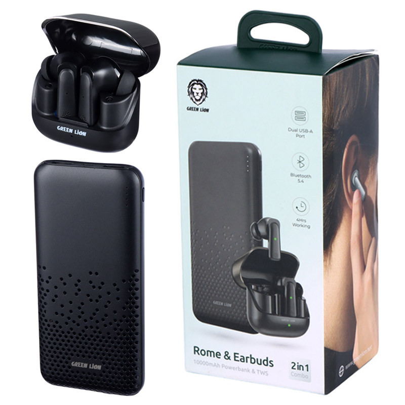 هندزفری بلوتوث و پاوربانک 10000 میلی آمپر ساعت گرین لاین مدل Rome Powerbank And TWS Earbuds